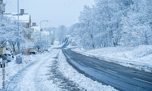 Billede på lærred Cold day where the roads have been cleared for snow.