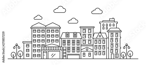Thin line style city panorama of urban landscape skyline city office buildings. Outline cityscape