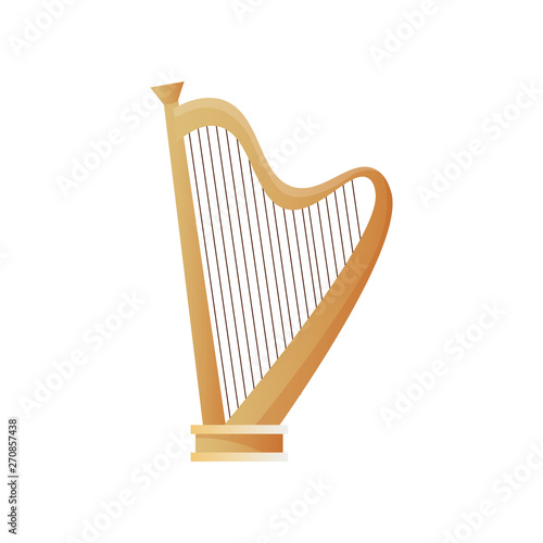 Old ancient musical instrument wood harp with many strings