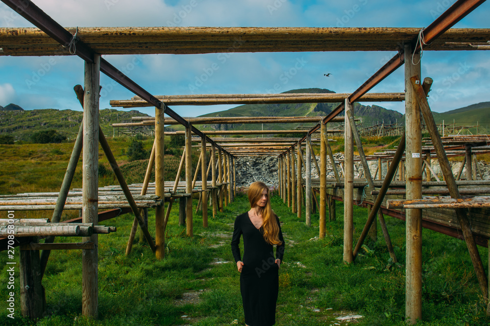 Fototapeta premium Beautiful girl in black dress posing near fish dryers