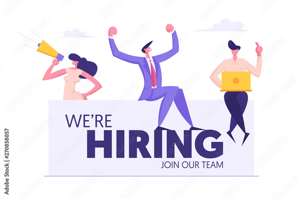 We are Hiring Concept Banner with Business People. Teamwork, Recruitment, Job Hiring, Agency Interview, Human Resources with Man and Woman. Vector flat illustration We are Hiring Concept Banner with Business People. Teamwork, Recruitment, Job Hiring, Agency Interview, Human Resources with Man and Woman. Vector flat illustration