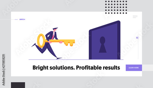 Businessman Character Holding Big Key and Try to Unlock Keyhole Landing Page. Leadership, Career Growth, Business Solution Concept, Solving Problem Banner Template. Vector flat illustration