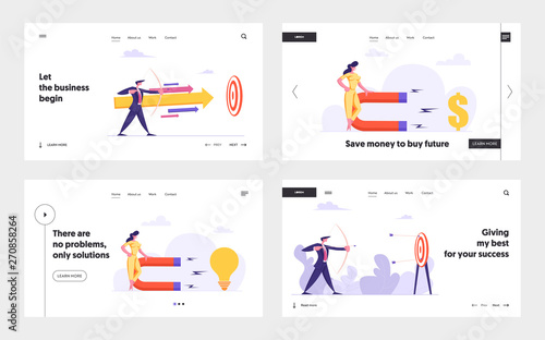 Businessman with Bow and Arrow Aiming Target Landing Page Template. Woman with Magnet Attract Money. Goal Achievement, Business Solution Strategy Concept Website Banner. Vector flat illustration