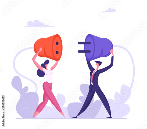 Business People Hold Plug in Hands. Man and Woman Connecting Power Socket. Teamwork Business Connection, Partnership, Cooperation Concept. Vector flat illustration