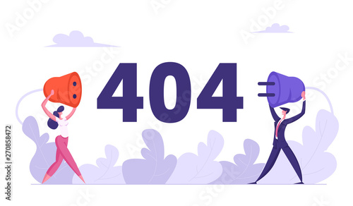 Website Error 404 Page with Business Characters Holding Wire Plug Socket. Page Not Found Template, Broken Internet Connection, Under Construction Concept. Vector flat illustration