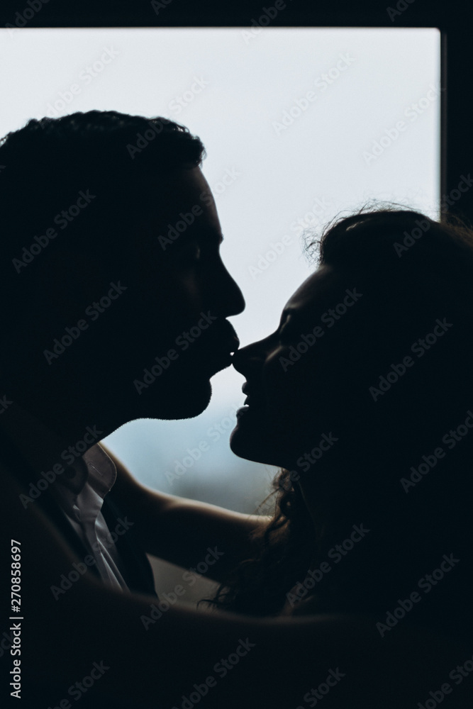 silhouette of the wedding couple of a husband and wife who kiss after the wedding, a stylish man in a wedding suit kisses a woman in a wedding dress