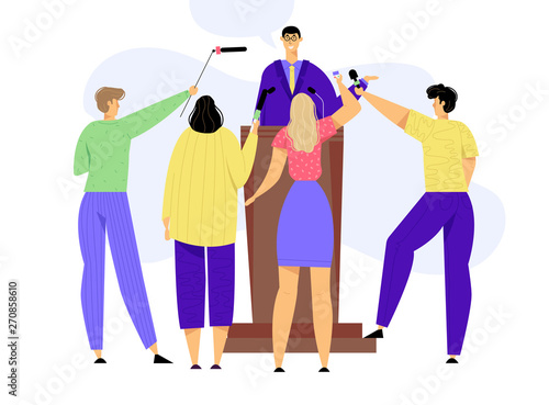 Press Conference Mass Media Interview. Man Standing on Tribune with Microphones. TV News Concept with Speaker and Journalists. Vector flat illustration