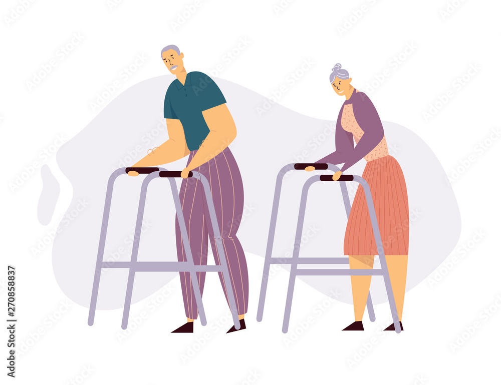 Aged People Couple Walking with Paddle Walker. Happy Senior Man and Woman Characters Together. Elderly People, Old Age Concept. Vector flat illustration Aged People Couple Walking with Paddle Walker. Happy Senior Man and Woman Characters Together. Elderly People, Old Age Concept. Vector flat illustration
