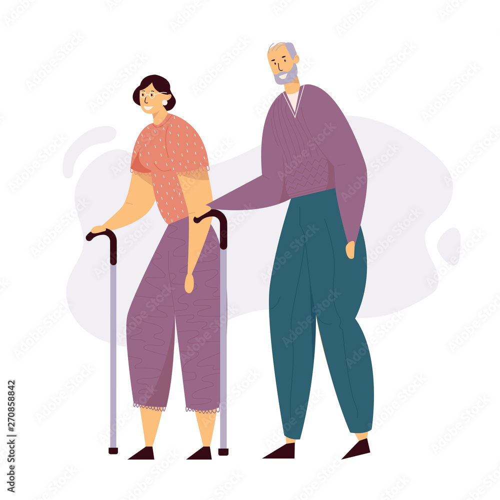Aged People Couple Walking with Sticks. Happy Senior Man and Woman Characters Together. Elderly People, Old Age Concept. Vector flat illustration