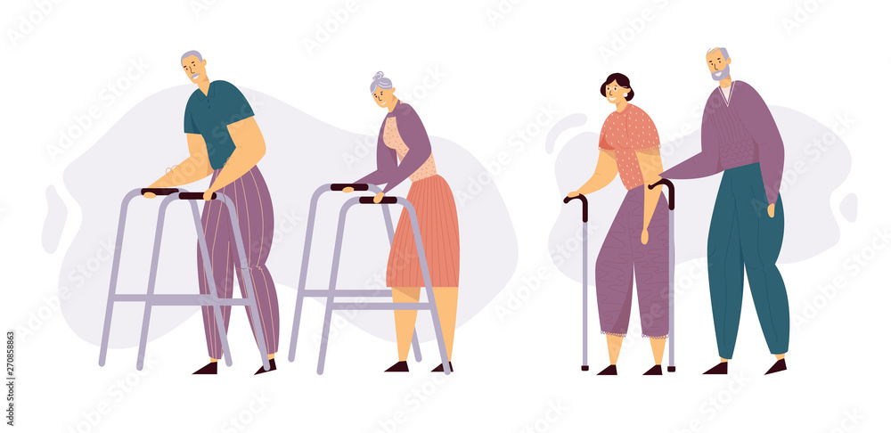 Aged People Walking with Sticks. Happy Senior Man and Woman Characters Together. Elderly People with Paddle Walker, Old Age Concept. Vector flat illustration