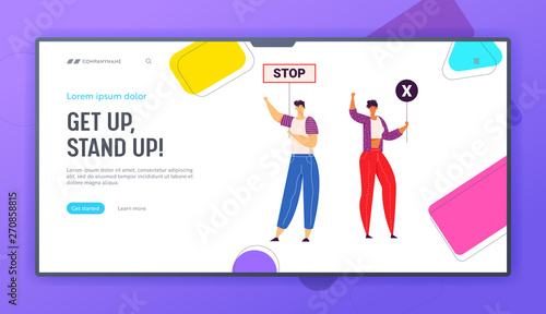 Group of Young People Holding Protest Signs on the Strike Landing Page. Crowd Protesting Characters with Placards on Demonstration, Strike Action, Political Picket Web Banner. Vector flat illustration
