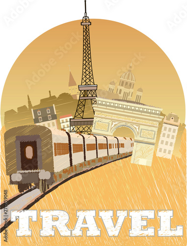 Travel to France by train.Welcome to Paris.Banner,sign,advertising poster. Attractions of Italy icons.Vector image.