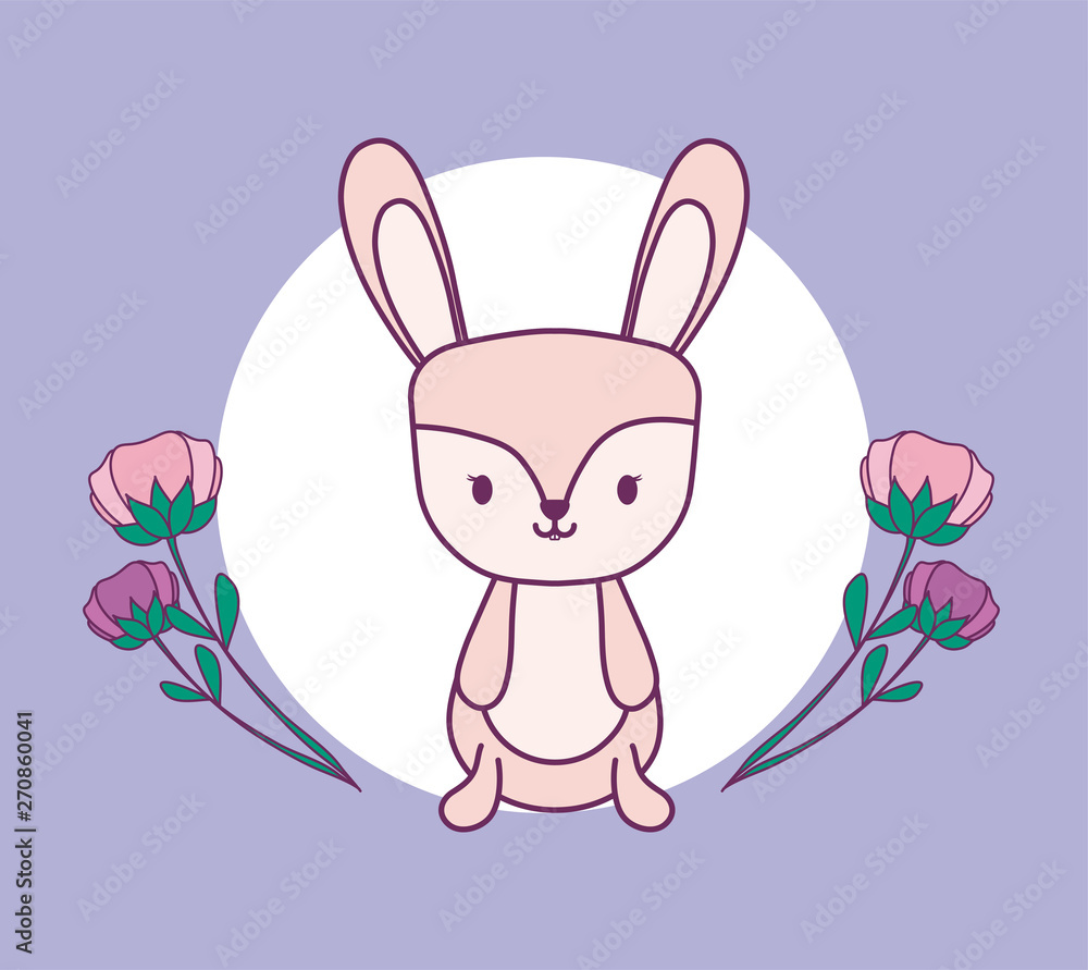 cute rabbit animal in frame with flowers decoration