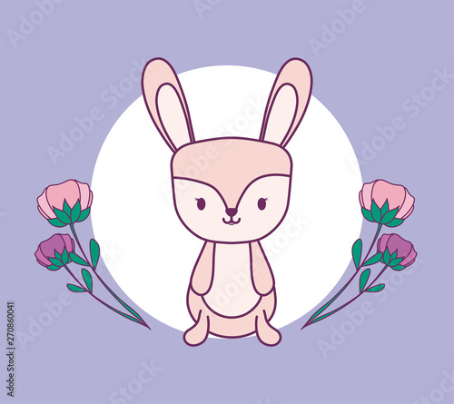 cute rabbit animal in frame with flowers decoration