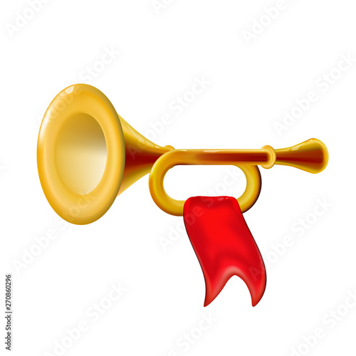 Realistic 3d Fanfare gold trumpet, icon with red flag isolated glossy wind musical instrument sign, decoration for holiday on light background. Bright toy plastic. Childish design vector illustration