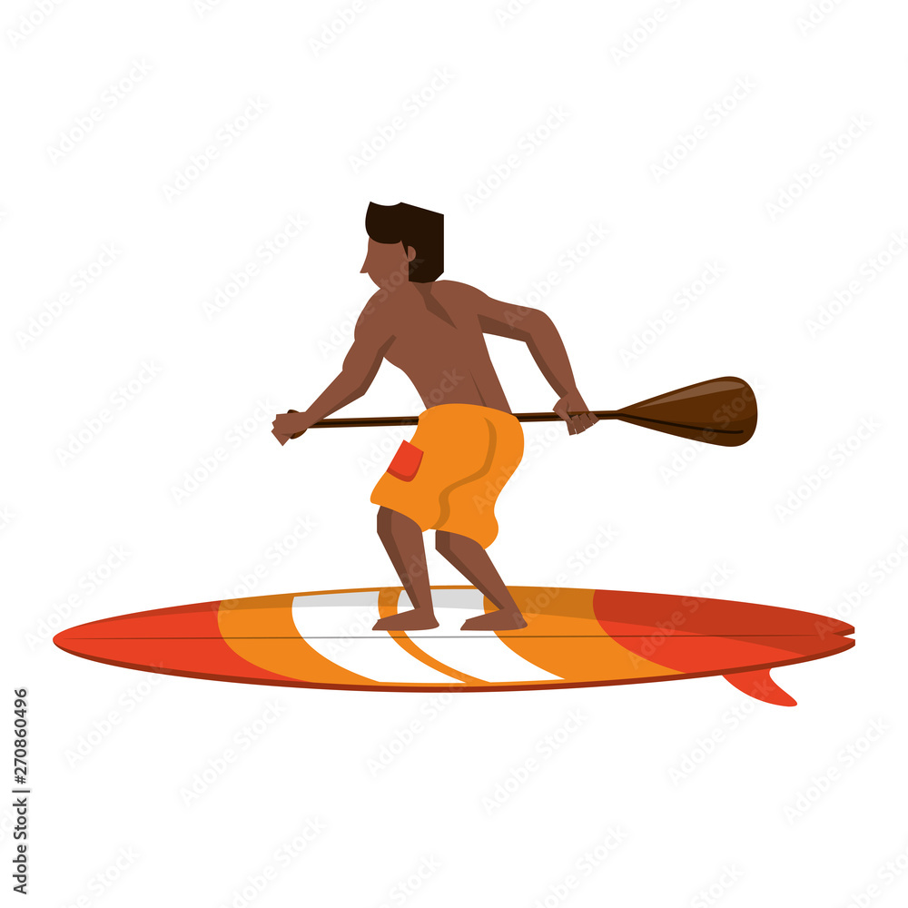 Young man with rowing on surf table isolated cartoon