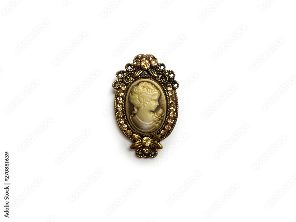 Amelia brooch with diamonds around jewelry on a white background. Russia 05.27.2019 Amelia brooch with diamonds around jewelry on a white background. Russia 05.27.2019