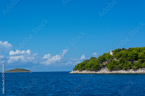 Adriatic sea with little church in Rogoznica Croatia