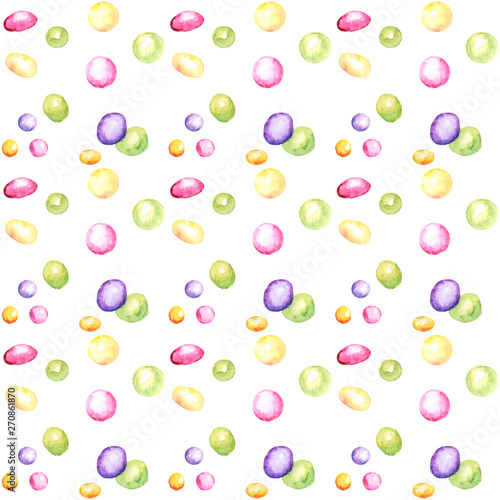 Fototapeta Naklejka Na Ścianę i Meble -  Candy bar hand drawn watercolor pattern, Lollipop and bow bright colors - purple, green, yellow Scrapbook paper on white background, Sweet Birthday Party