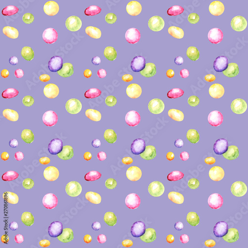 Fototapeta Naklejka Na Ścianę i Meble -  Candy bar hand drawn watercolor pattern, Lollipop and bow bright colors - purple, green, yellow Scrapbook paper on purple background, Sweet Birthday Party