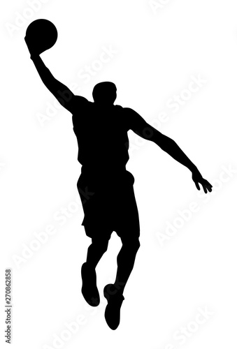 Silhouette noire de basketteur exécutant un smash sur fond blanc 