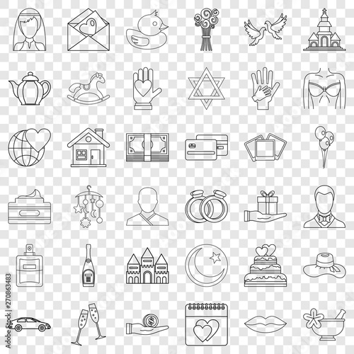 Bridegroom icons set. Outline style of 36 bridegroom vector icons for web for any design