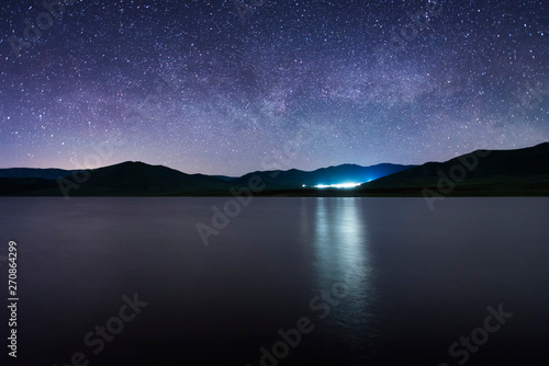 The space of the universe. Beautiful panoramic view of the the lake and mountain with Milky Way galaxy. © Inga Av