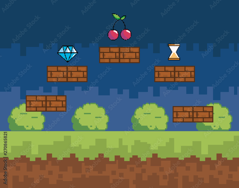 Naklejka premium Arcade game world and pixel scene design vector illustration