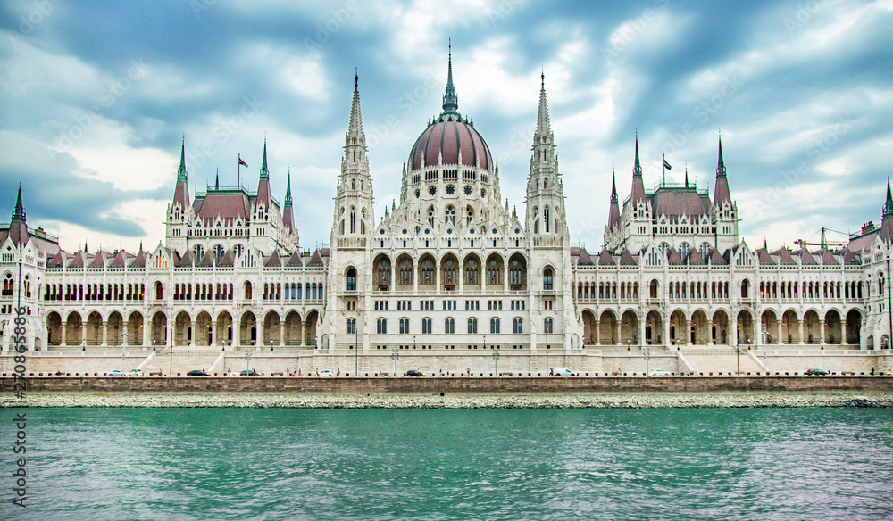 Front view on the Hungarian Parliament Building and Danube River