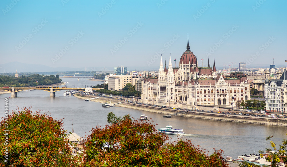 A Budapest city landscape, wide view on the Hungarian Parliament Building and Danube River