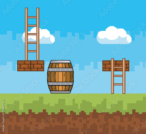 Arcade game world and pixel scene design  vector illustration