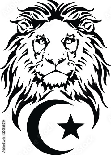 The Lion and the symbol of Islam - Crescent and star, drawing for tattoo, on a white background, vector