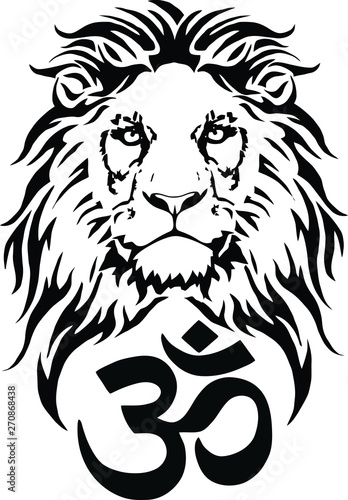 Lion and the symbol of Hindu (OM), drawing for tattoo, on a white background, vector