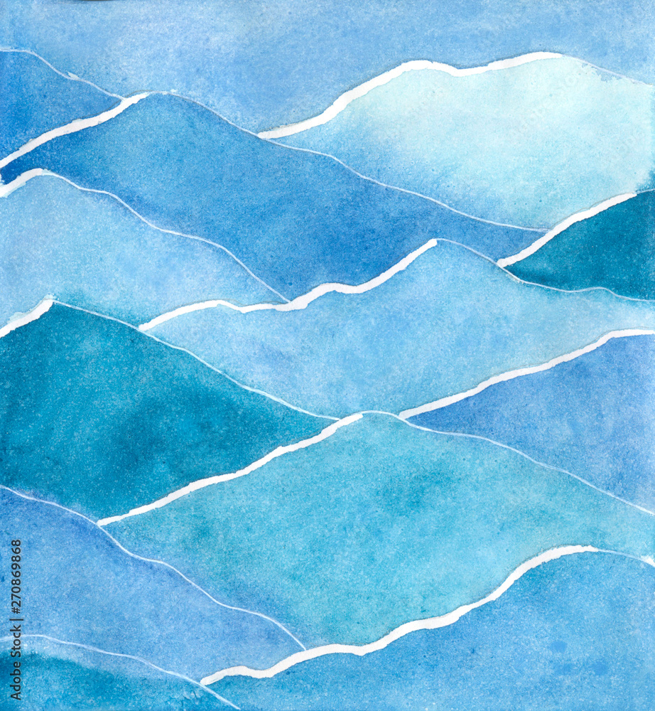 Obraz premium Hand drawn watercolor painting of a fir-tree or pine forest in front of blue foggy mountains in Switzerland, Lucern, view from Pilatus