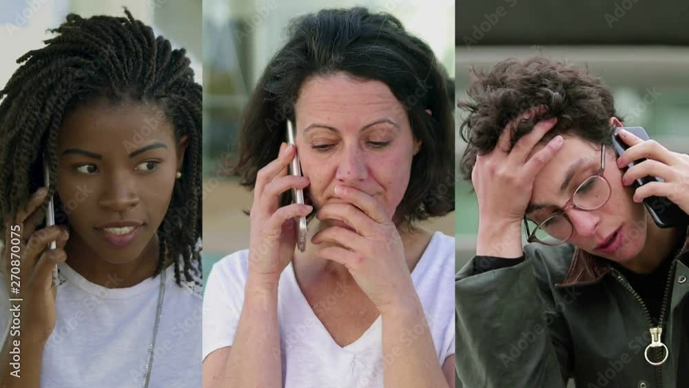 Collage of medium shots of young and middle-aged people of different races talking on phone outside, receiving bad news, looking disappointed and frustrated. Communication, emotion concept Collage of medium shots of young and middle-aged people of different races talking on phone outside, receiving bad news, looking disappointed and frustrated. Communication, emotion concept