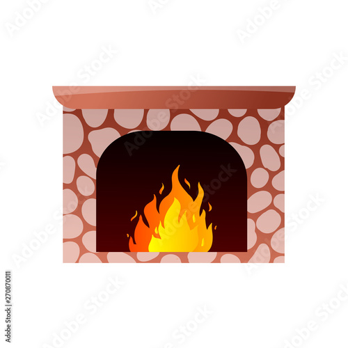 Red stone fireplace with burning hot fire in mountain