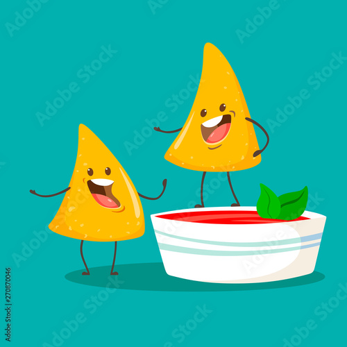 Funny chips Nachos character with  a cup of tomato salsa. Vector illustration 