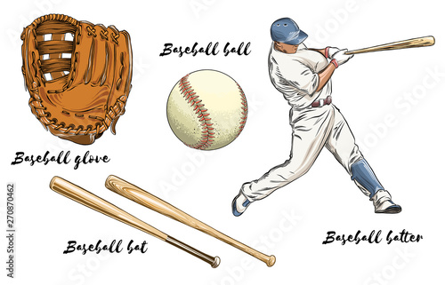Set of baseball in color. Isolated on white background. Hand-drawn elements such as baseball player, glove, bat and ball. Vector illustration