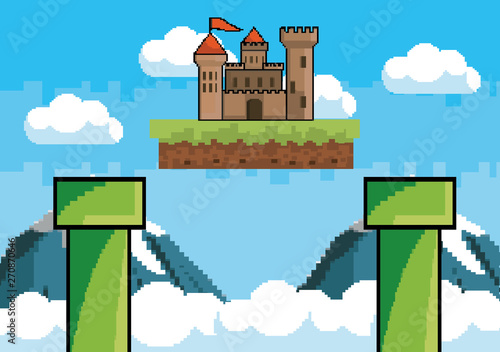 Arcade game world and pixel scene design  vector illustration