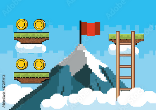 Arcade game world and pixel scene design  vector illustration