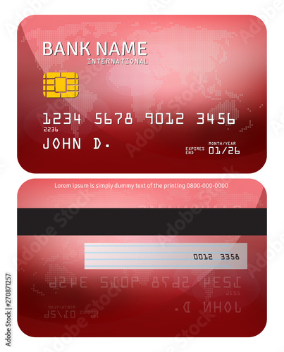 Bank card. Modern credit card template design in color red with subtle world map background