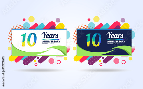 10 years pop anniversary modern design elements, colorful edition, celebration template design, pop celebration template design, white and black background