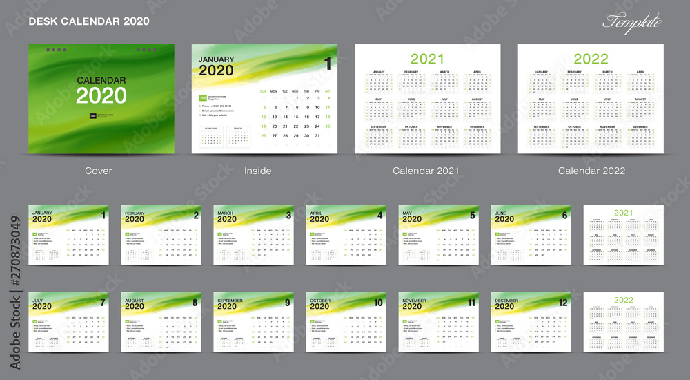 Set Desk Calendar 2020 template design vector, Calendar 2020, 2021, 2022, cover design, Set of 12 Months, Week starts Sunday, Stationery design, flyer, printing layout, publication, advertisement Set Desk Calendar 2020 template design vector, Calendar 2020, 2021, 2022, cover design, Set of 12 Months, Week starts Sunday, Stationery design, flyer, printing layout, publication, advertisement