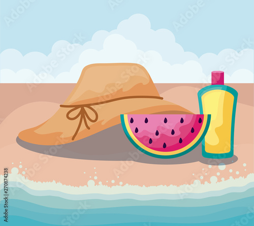 summer beach with watermelon and set icons