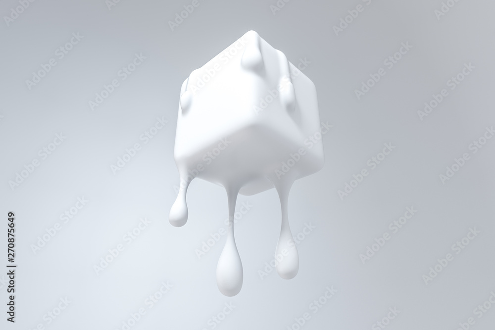 White melting cube with liquid drop details, 3d rendering