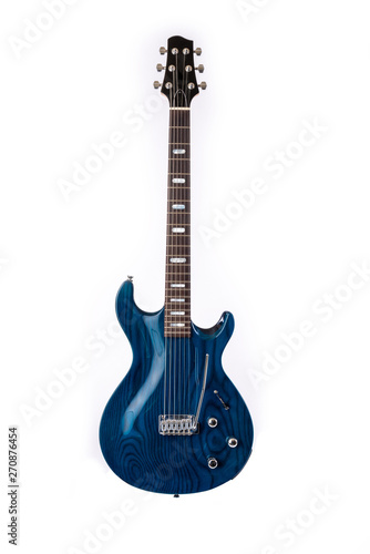 Electric Guitar, dark blue woodgrain, 6 String isolated on white