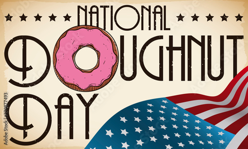 Patriotic Sign and Flag to Celebrate American Doughnut Day, Vector Illustration