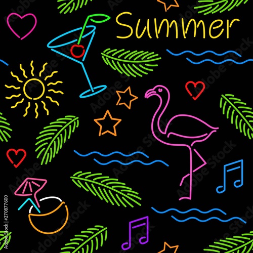 Seamless pattern with summer neon signs, tropical pattern