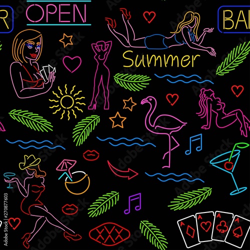 Seamless pattern with neon signs, casino, tropical palm leaves, beautiful girls, night club