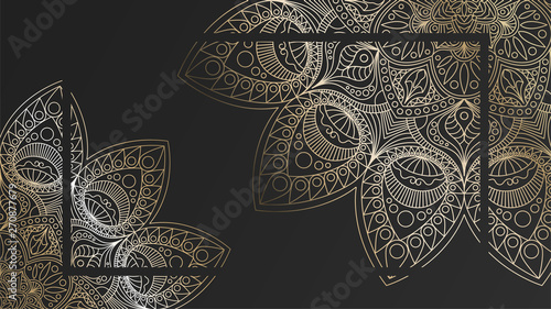 Black rich background with a gold round patterns, shiny mandalas, oriental background